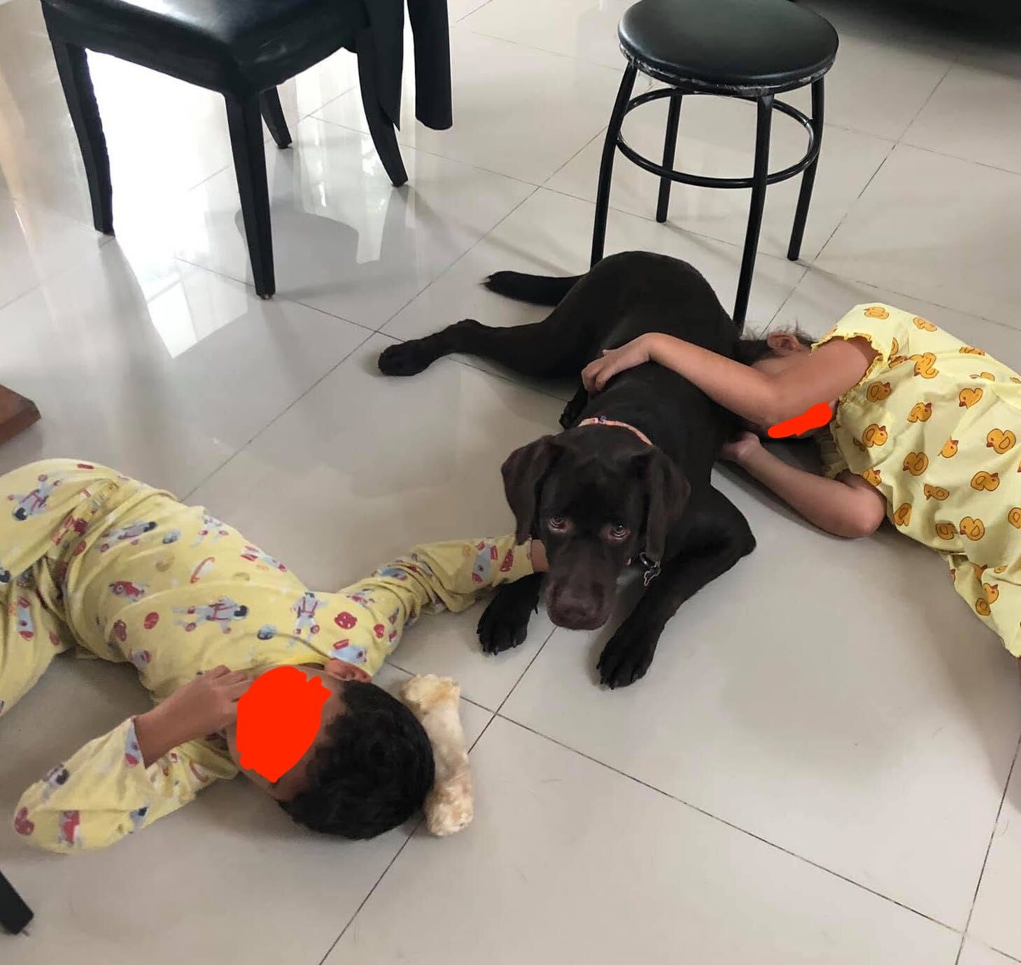 Two kids lying on the floor with the family dog at home in Thailand